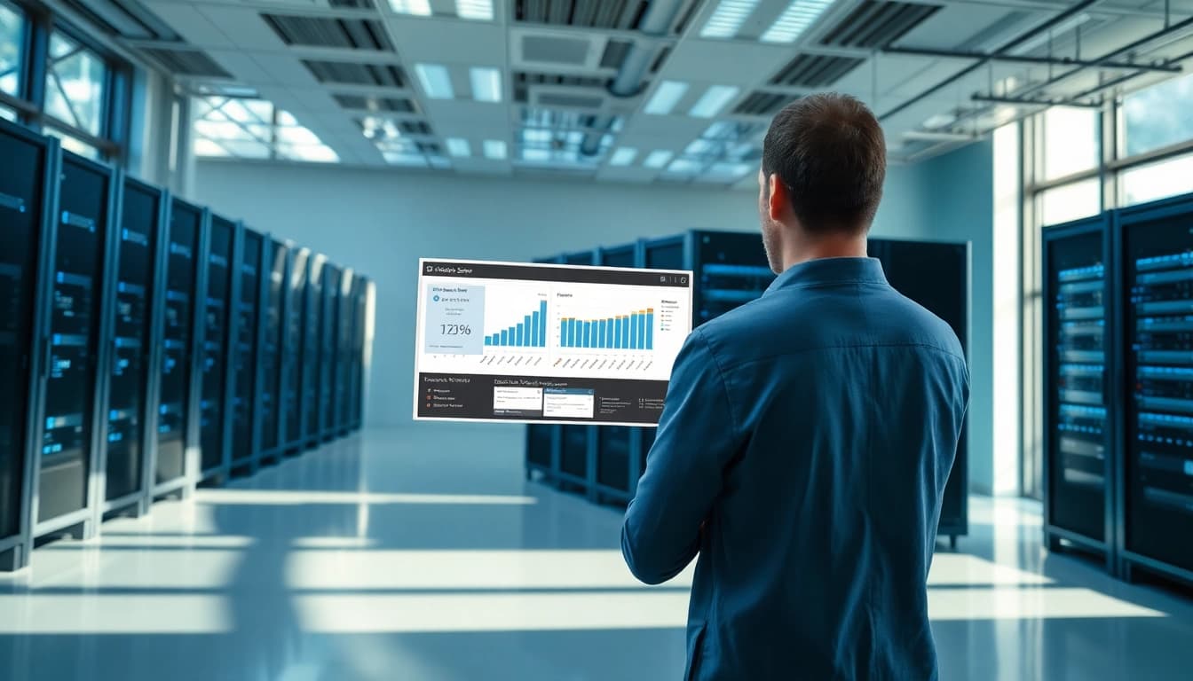 Windows Server 2025 Standard Key kaufen in a professional IT environment highlighting advanced servers and a technician at work.