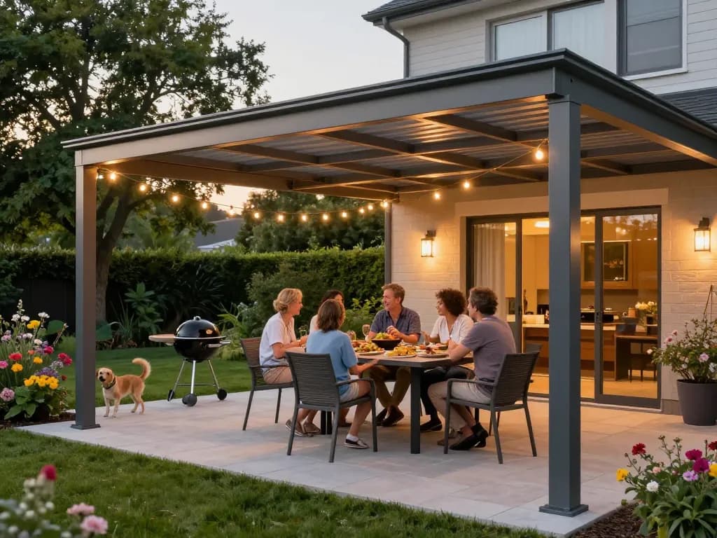 Familien genießen eine stilvolle Terrassenüberdachung in einem einladenden Garten während der goldenen Stunde.