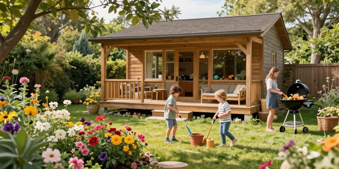 Ein Garten Haus im hellen Garten, eine Familie genießt den Sommer, Kinder spielen mit Gartengeräten, blühende Blumenbeete