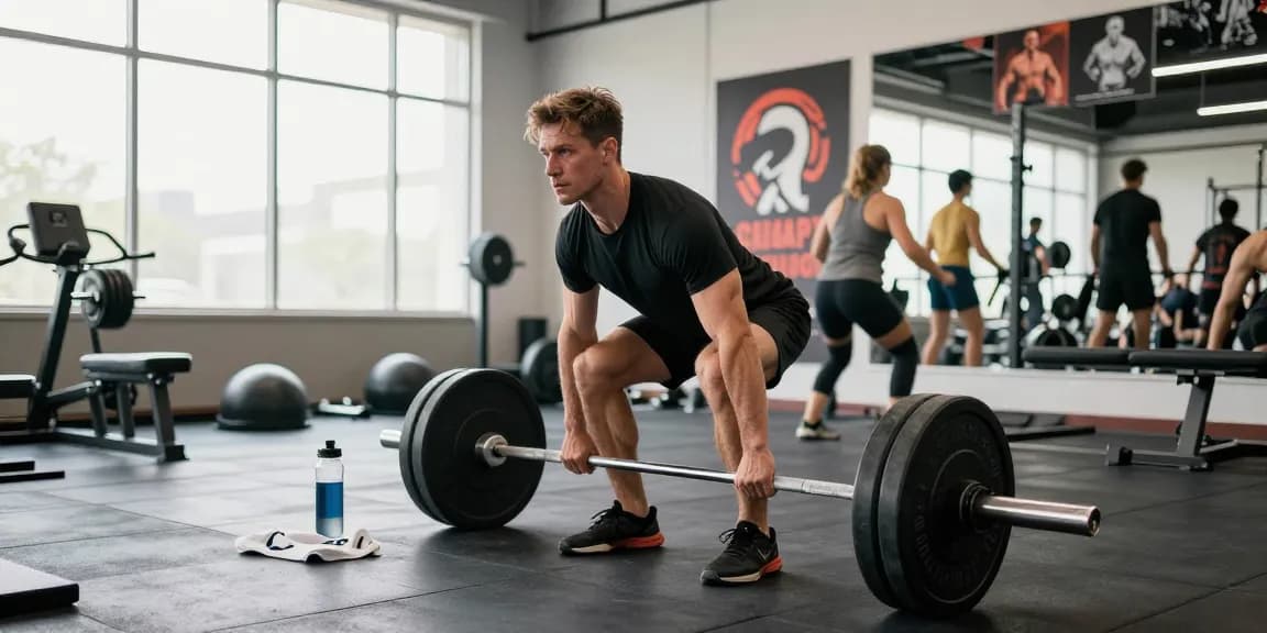 Global Pharma Steroid Shop: Athlet hebt Gewichte im Fitnessstudio, motivierende Atmosphäre.