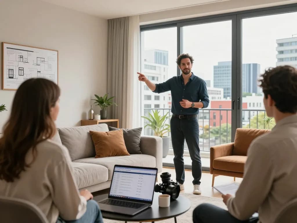 Immobilienmakler Frankfurt Dornbusch präsentiert eine Wohnung potenziellen Käufern und fängt den modernen Immobiliencharme ein.
