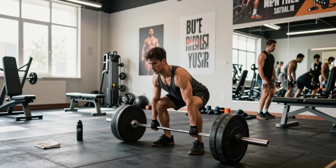 Bodybuilder im Anabolika Shop während des Trainings mit Gewichten, dynamische Fitnessszene.