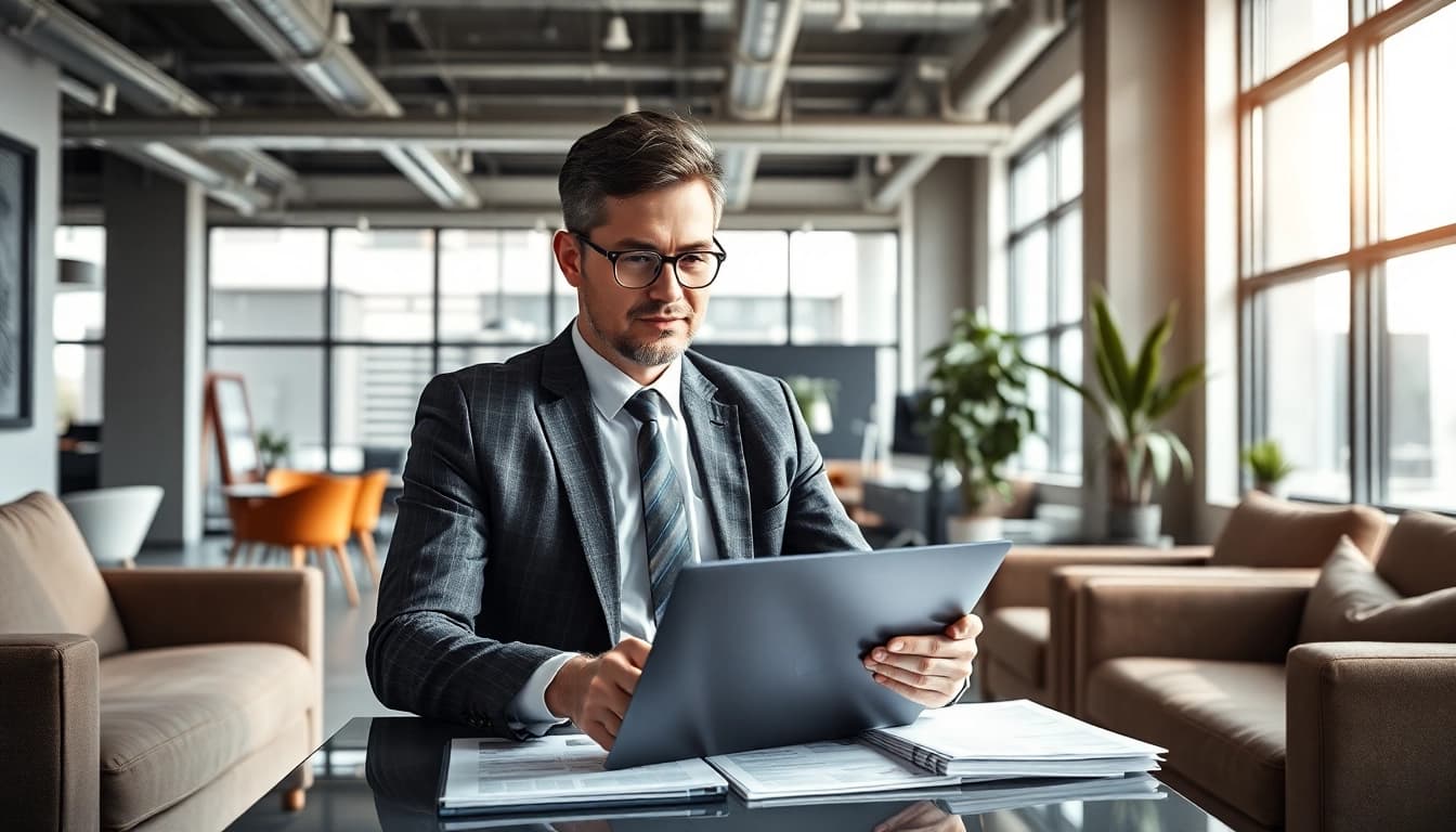 Headhunter Schweiz bei der Arbeit in einem modernen Büro mit digitalen Tools.