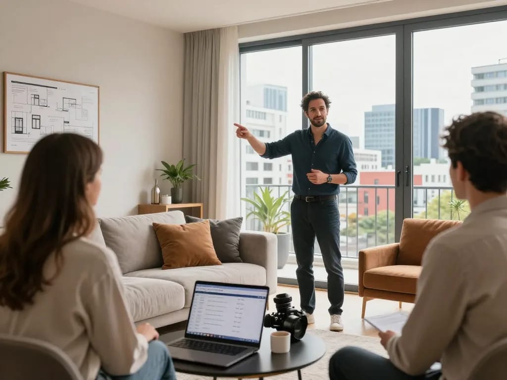 Immobilienmakler Frankfurt Dornbusch präsentiert eine Wohnung potenziellen Käufern und fängt den modernen Immobiliencharme ein.