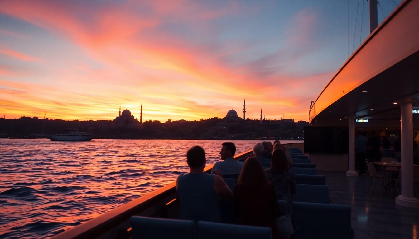 Bosphorus sunset cruise with vibrant sunset colors and iconic Istanbul landmarks in background.