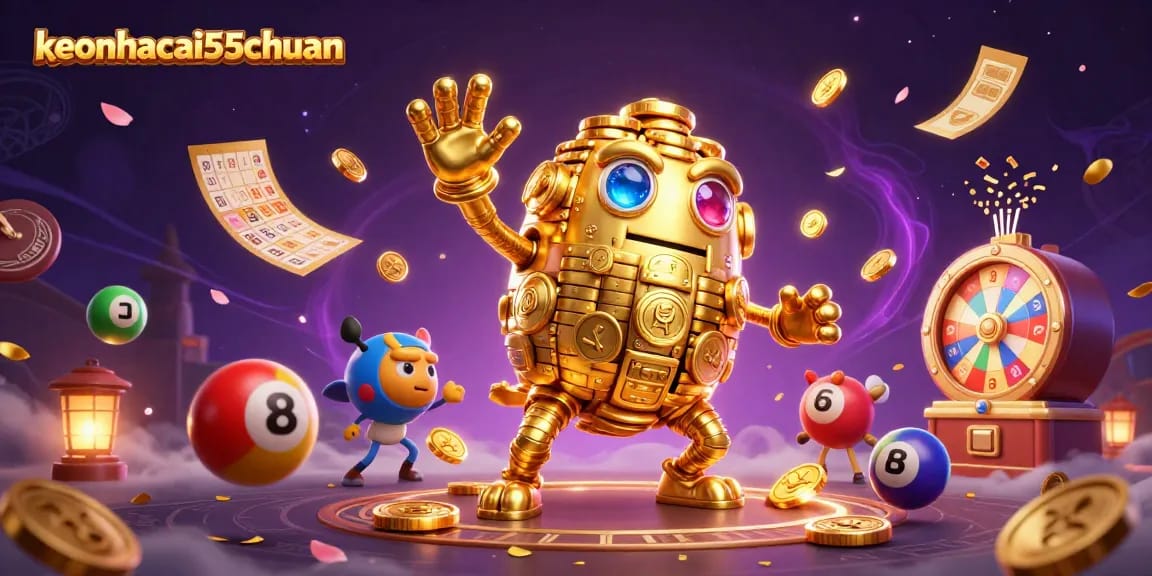 Engage with keonhacai55chuan's vibrant game atmosphere featuring golden golems, lottery balls, and dynamic casino elements.