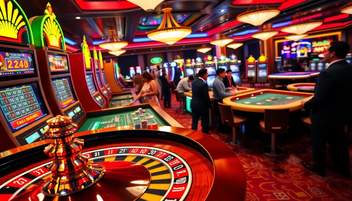 Spieler an mehreren Automaten und Roulette-Tisch bei casinospiele.de, farbenfrohe Casino-Atmosphäre.