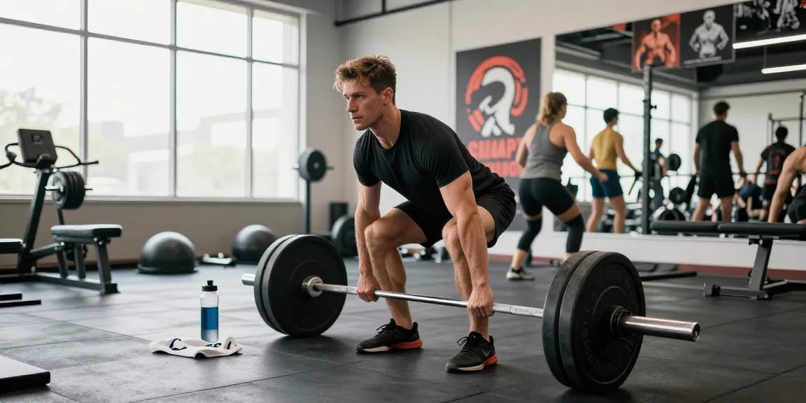 Global Pharma Steroid Shop: Athlet hebt Gewichte im Fitnessstudio, motivierende Atmosphäre.
