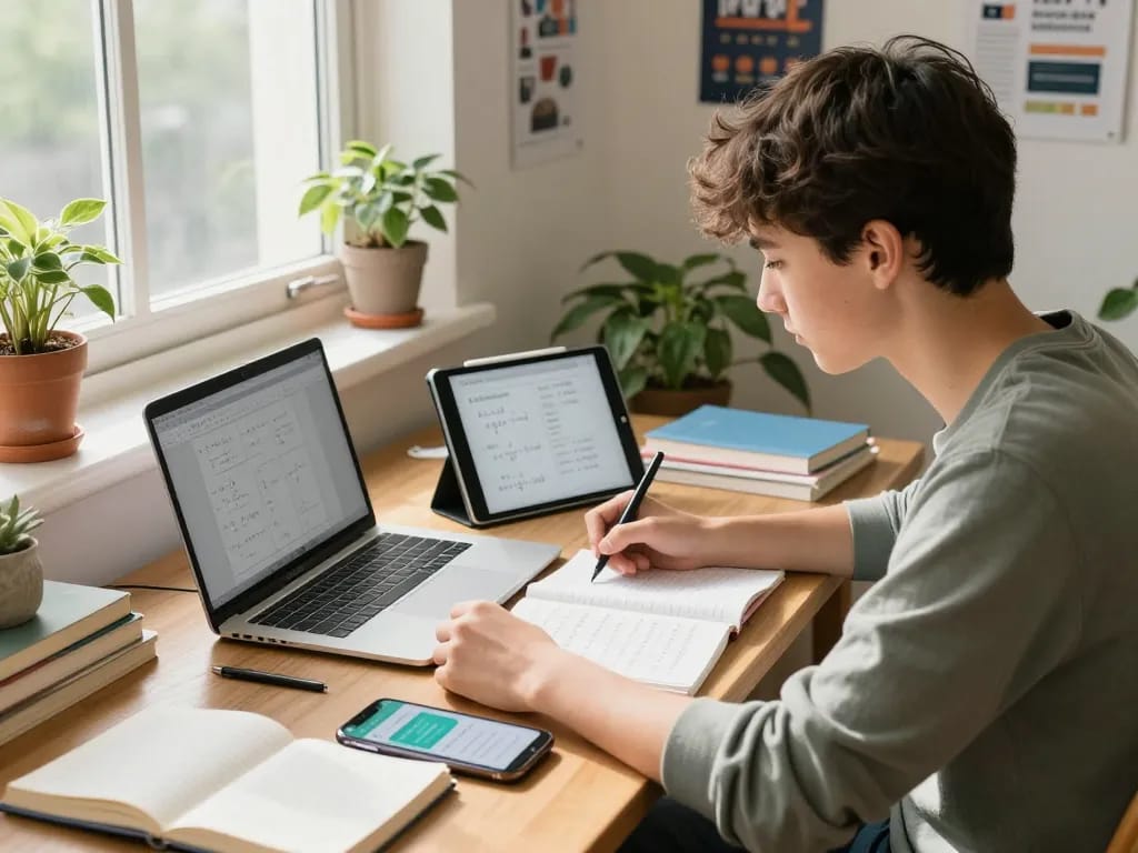 Engagierter Schüler, der Hausaufgaben Löser online mit Laptop und Tablet in einem hellen Studienraum nutzt.