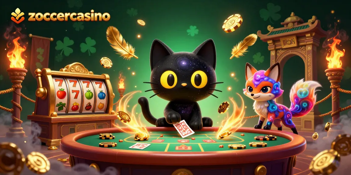 Engage at the zoccercasino with cosmic casino characters, swirling chips, and vibrant game elements.