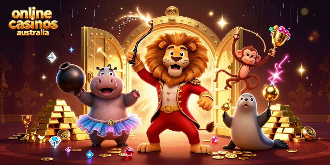 Experience the thrill of online casinos Australia with a vibrant 3D illustration showcasing fun characters and riches.