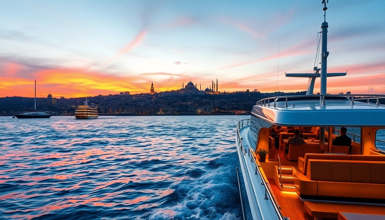 Unvergessliche Bosphorus Sunset Cruise mit luxuriösem Boot während eines malerischen Sonnenuntergangs.