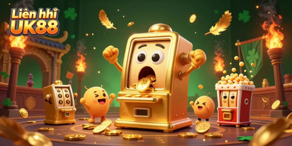Experience thrilling interactions at Liên hệ UK88 with slots and joyfully cheering machines in a vibrant casino atmosphere.