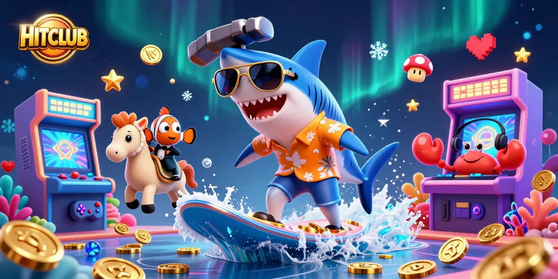 Engage in HITCLUB's dynamic gameplay with colorful characters surfing gold coins and interactive gaming elements.