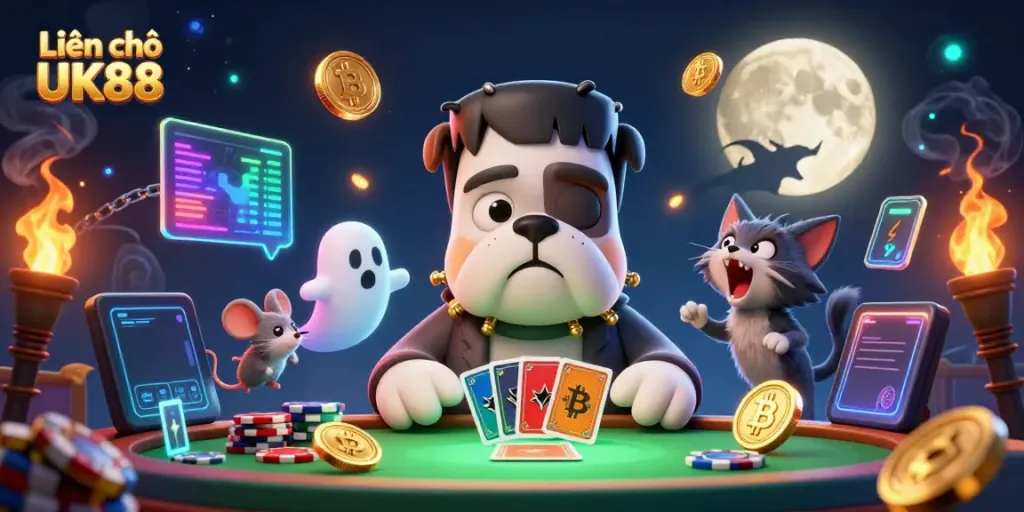 Interact with Liên hệ UK88 through dynamic gaming elements in a vibrant casino scene.