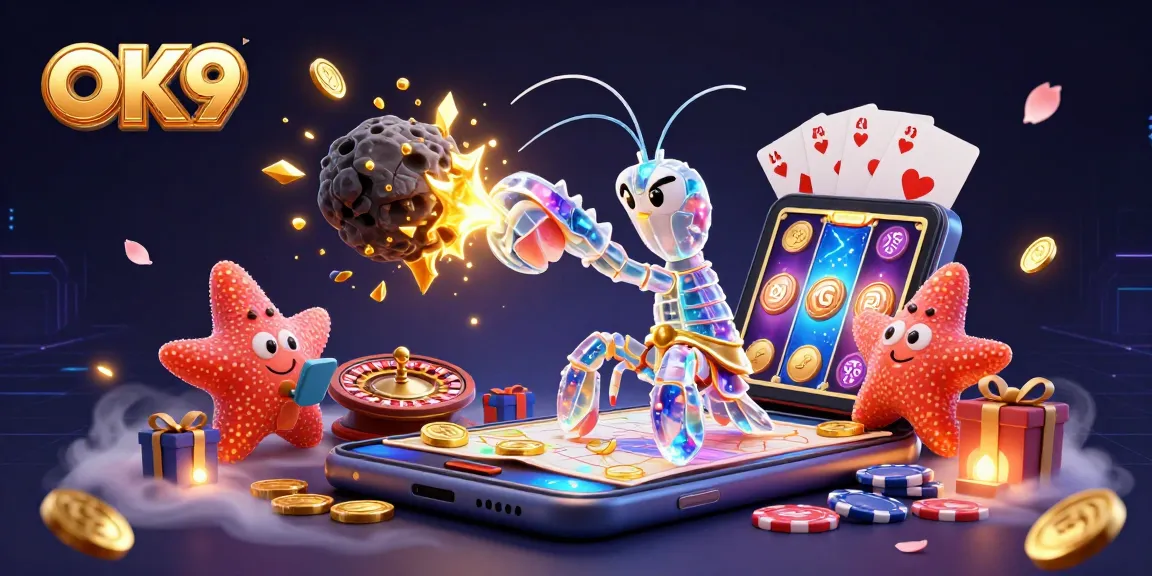Experience thrilling moments with OK9, where a cartoon samurai shrimp battles asteroids amid vibrant casino elements.