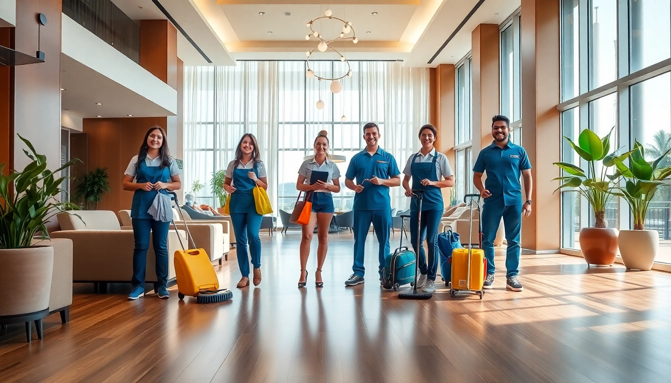 Effektive hotelreinigung berlin im eleganten Hotellobby mit professionellen Reinigungskräften.