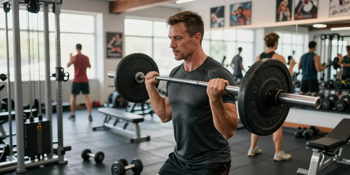 Aktiver Mann im Selliza Shop Fitnessstudio beim Training mit Gewichten, umgeben von Fitnessgeräten und motivierenden Bildern.