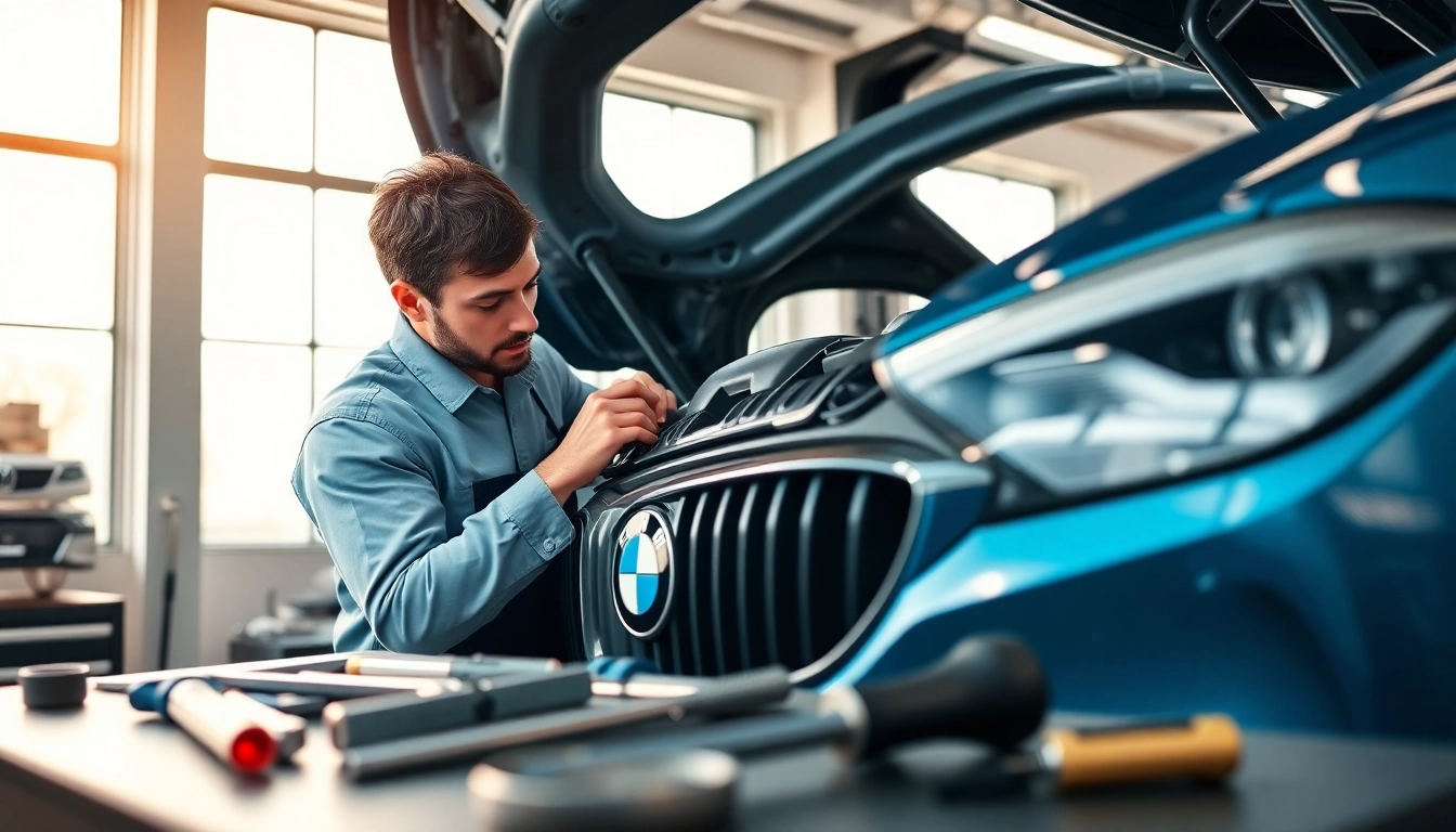 BMW Spezialist bei der Arbeit an einem modernen BMW-Fahrzeug in einer professionellen Werkstatt.