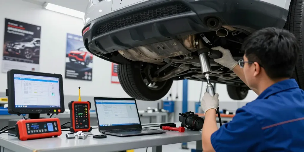 Techniker führt DPF-Regeneration an einem Diesel-Fahrzeug durch, umgeben von Werkzeugen und Diagnosetechnologie.