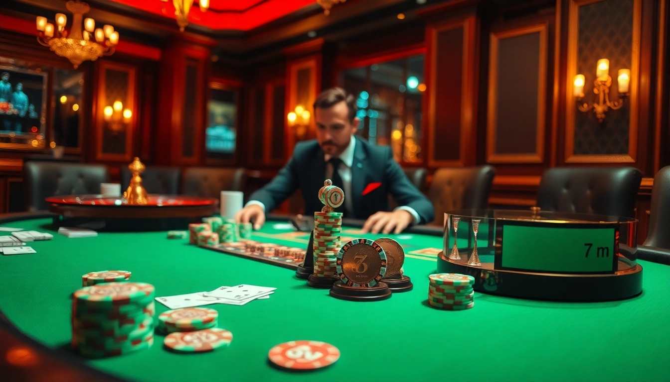 Experience thrilling casino action with a poker table featuring 7m strategies, vibrant chips, and eager players.