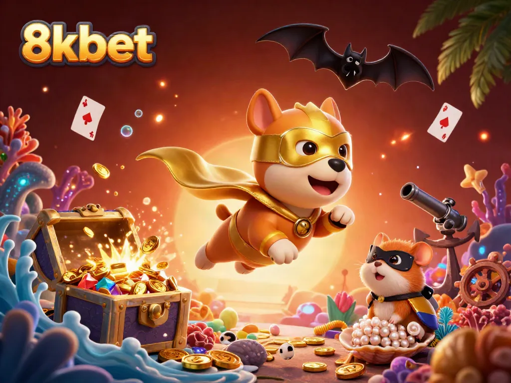 Join the excitement with 8xbet in this vibrant casino adventure showcasing a superhero dog and hamster.