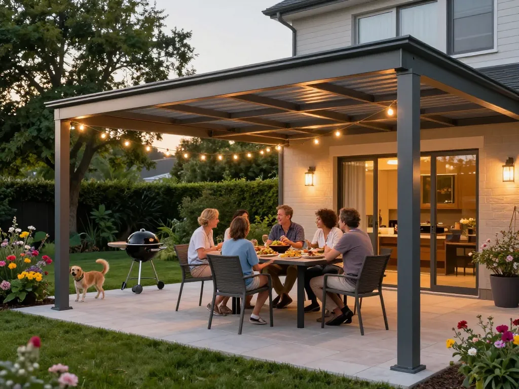 Familien genießen eine stilvolle Terrassenüberdachung in einem einladenden Garten während der goldenen Stunde.