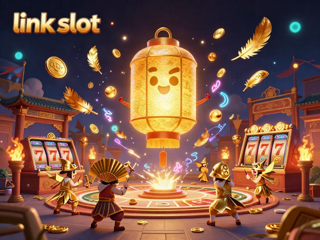 Experience the exciting world of link slot games with a vibrant scene featuring a glowing lantern spirit amidst golden casino elements.