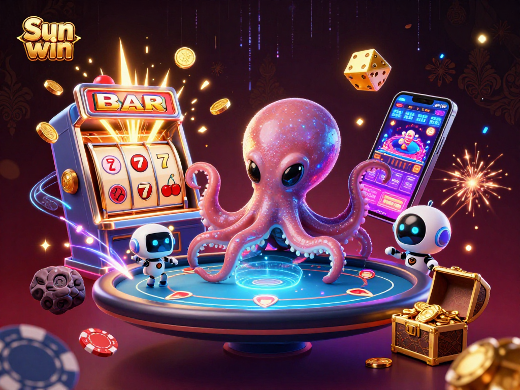 Engage with "Sun win" as a cartoon alien octopus plays poker amid vibrant casino elements.