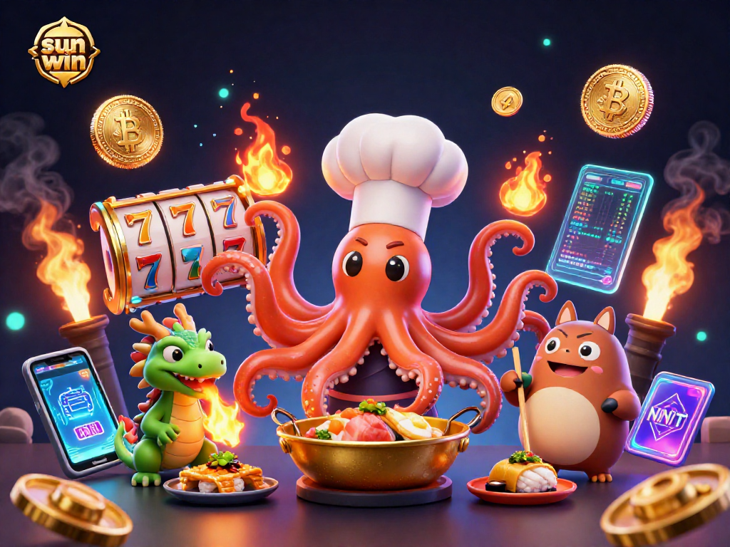 Experience the thrill of sun win as the octopus chef serves gold dishes amidst a dynamic casino scene.