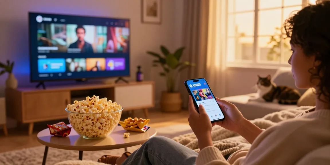 Enjoying a movie with the Filmyzilla app in a cozy bedroom, surrounded by snacks.