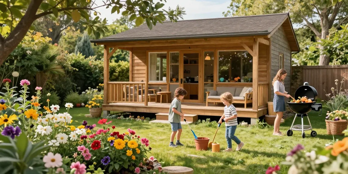 Ein Garten Haus im hellen Garten, eine Familie genießt den Sommer, Kinder spielen mit Gartengeräten, blühende Blumenbeete