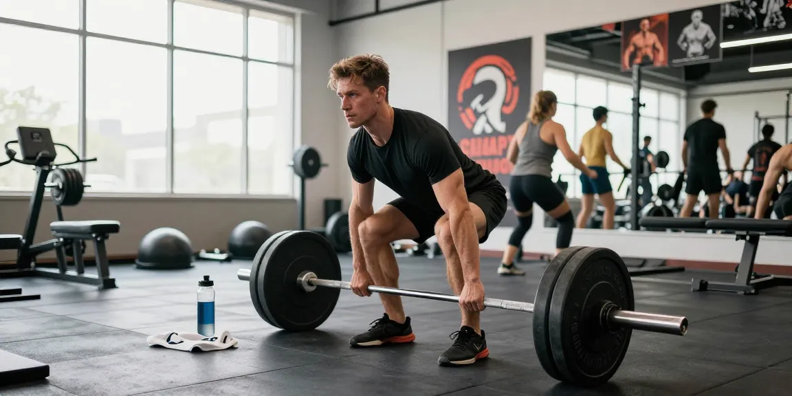 Global Pharma Steroid Shop: Athlet hebt Gewichte im Fitnessstudio, motivierende Atmosphäre.