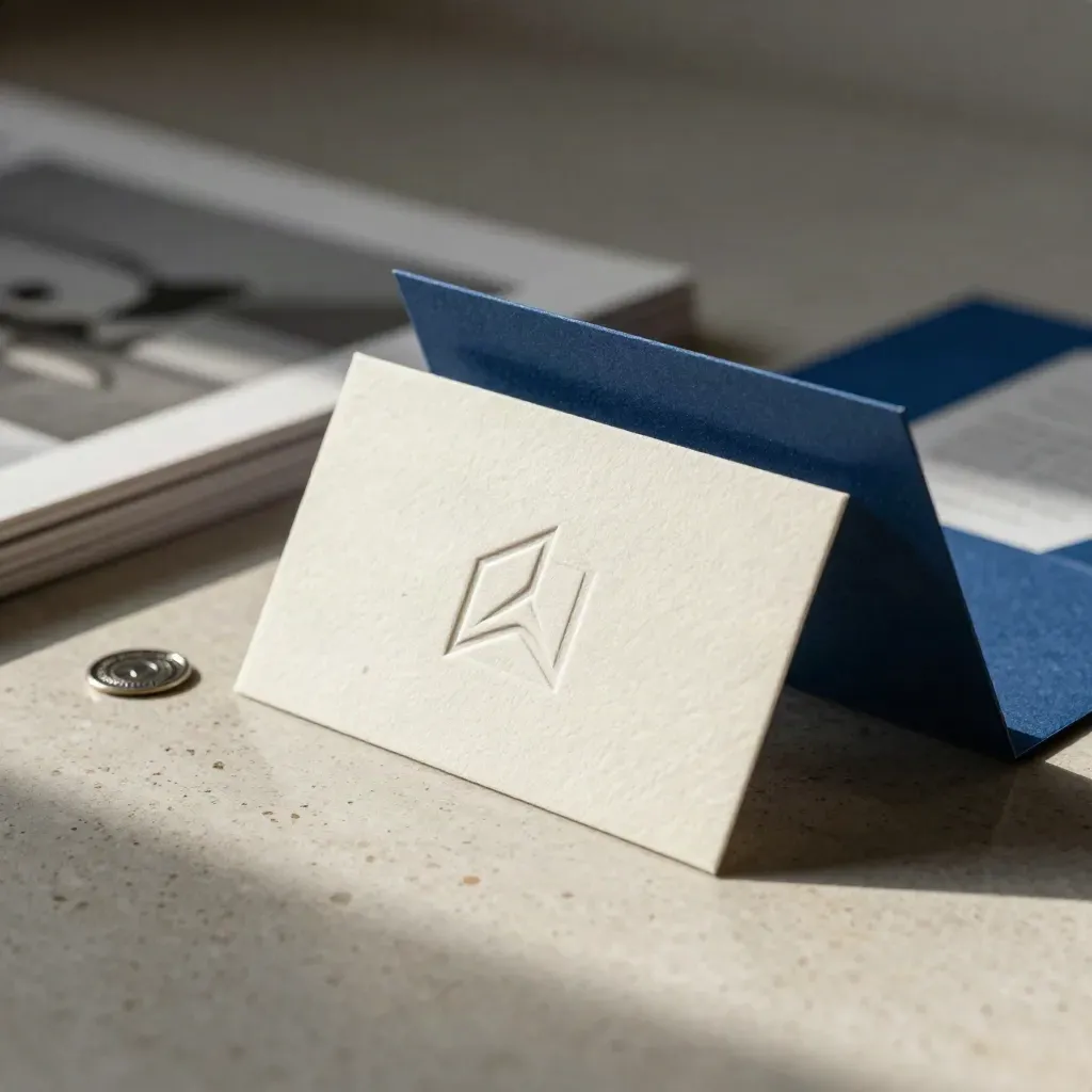Logodesign-Materialien mit geprägter Marke, Visitenkarten und tiefblauen Faltsleeves auf heller Oberfläche.