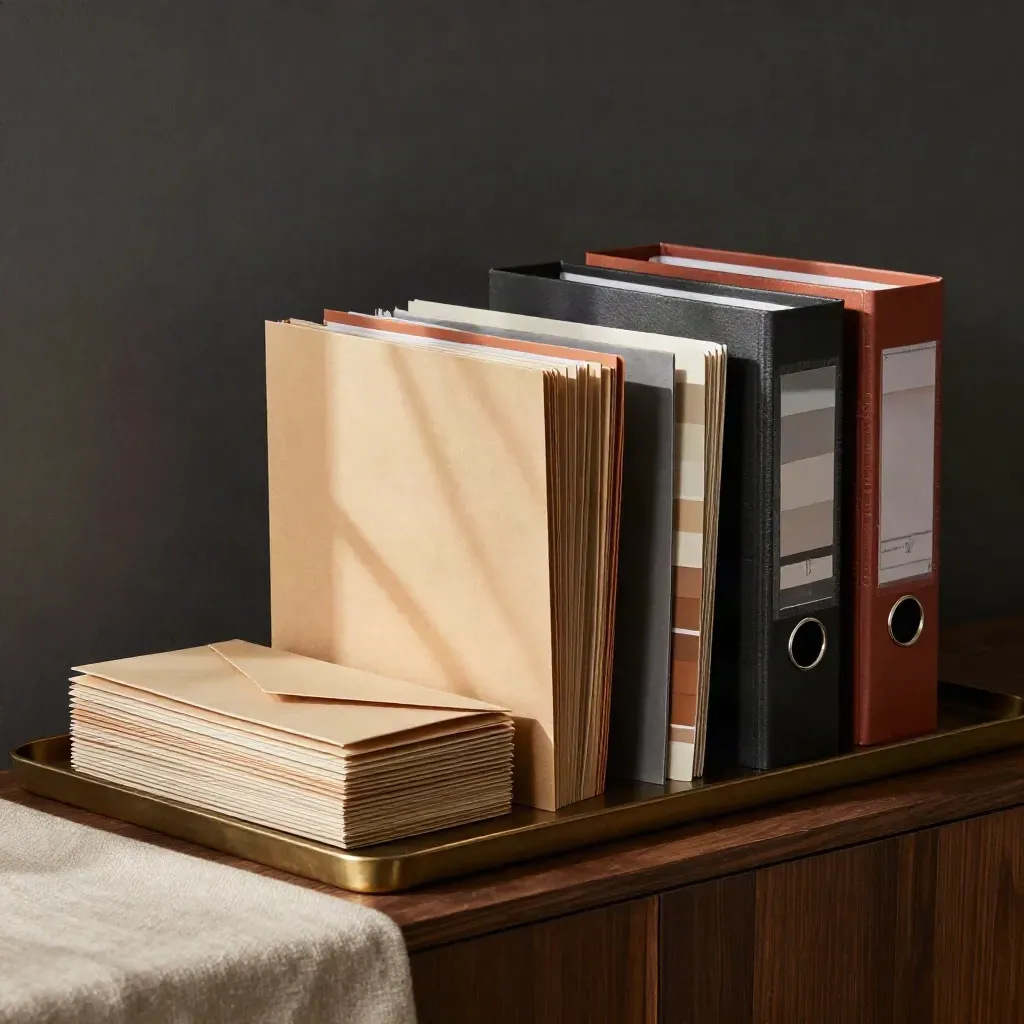 Corporate-Identity-Materialien mit Ordnern, Hüllen, Farbkarten und Board im Studiolicht