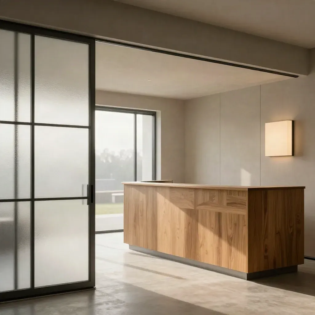 Leerer Praxiseingang mit Milchglas, Eichen-Theke und sanftem Licht