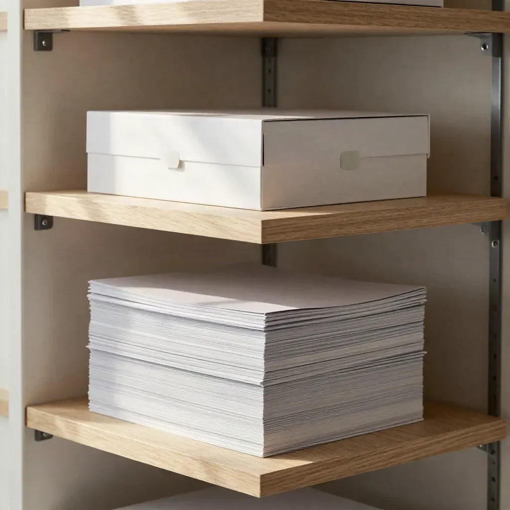 Weiße Pitch-Decks, Ordner und Boxen im klaren Shelf-System eines Start-up-Markenauftritts.