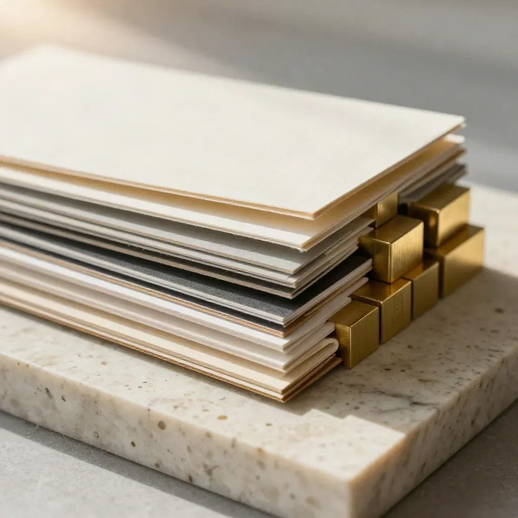 Makro von Farbfächern, Lackchips, Musterkanten und Messingblöcken auf Travertin.