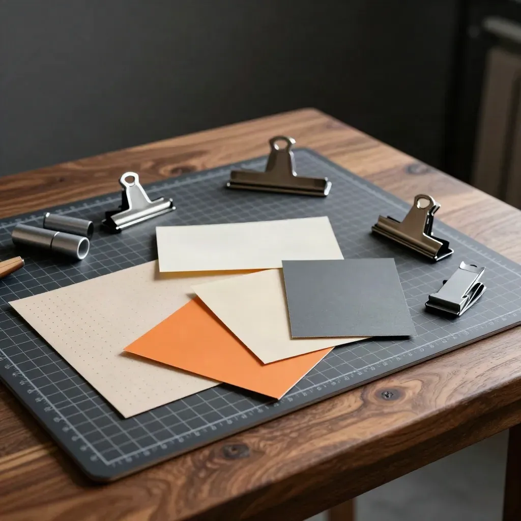Design-Toolkit mit Schneidematte, Farbchips und Metallklammern im dramatischen Studiolicht.
