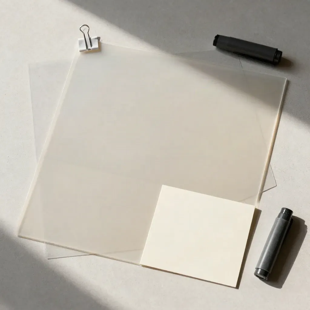 Overhead-Faltlay mit Transparentfolien, blanken Karten und Marker-Kappe auf hellem Beton