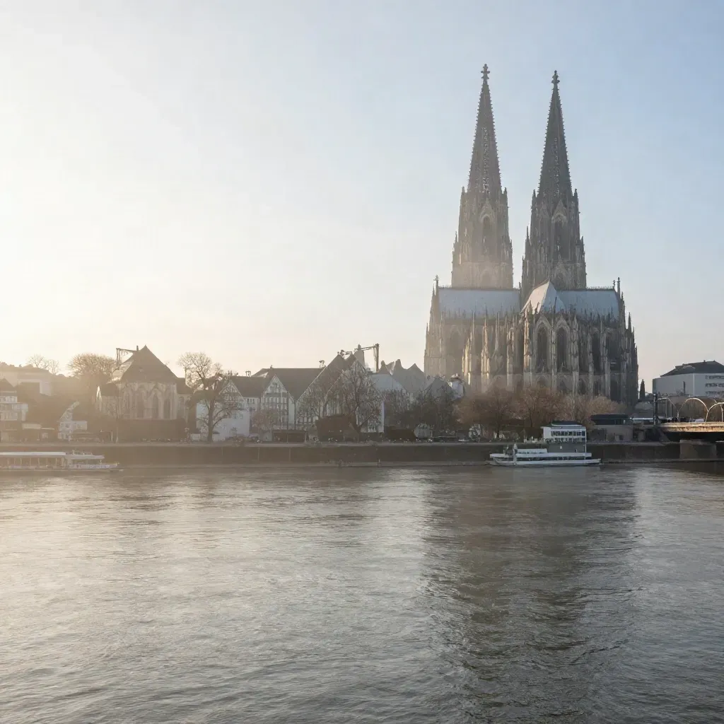 Der Kölner Dom ragt aus Morgennebel über dem Rhein in Nordrhein-Westfalen.