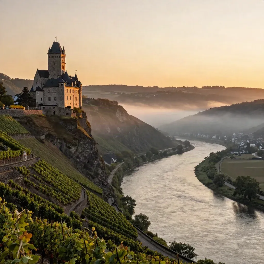 Rhine Gorge in Rheinland-Pfalz mit Burg, Weinbergen und goldener Dunststimmung