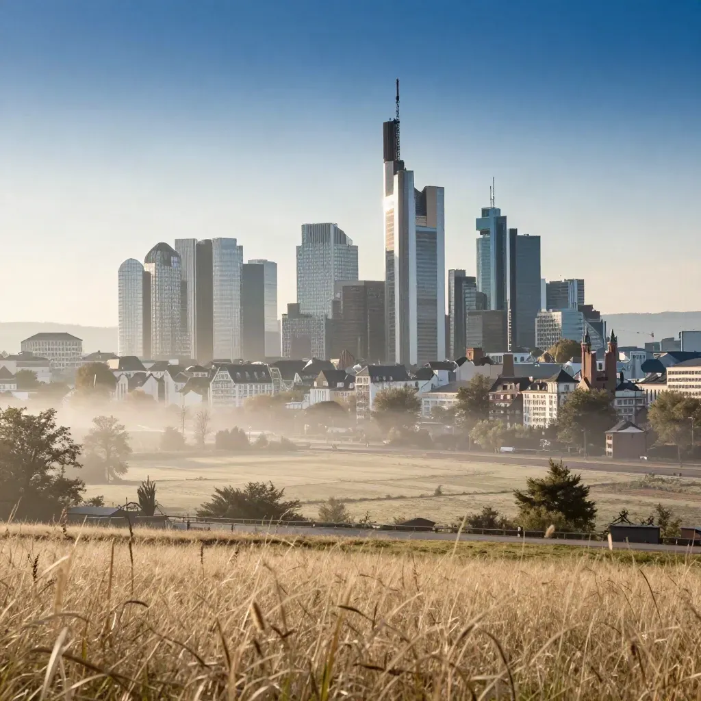 Frankfurter Skyline über hügeliger Taunus-Landschaft im warmen Morgenlicht