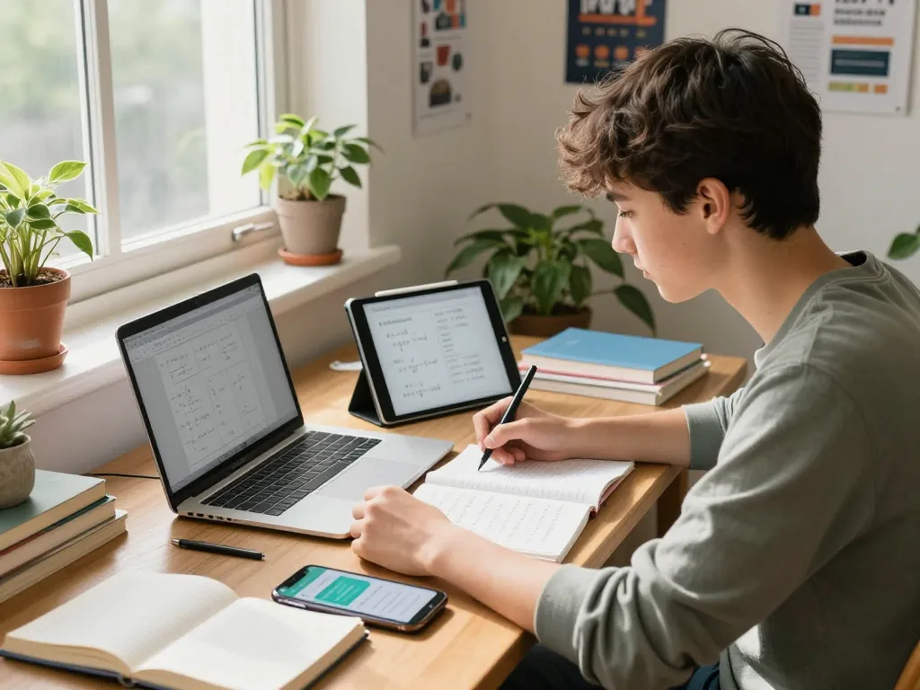 Engagierter Schüler, der Hausaufgaben Löser online mit Laptop und Tablet in einem hellen Studienraum nutzt.