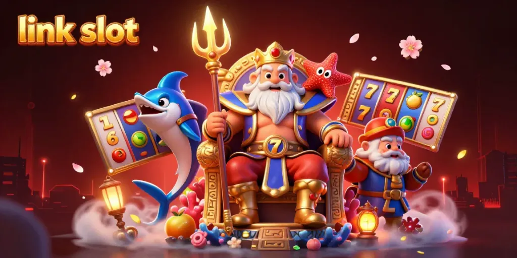 Engaging scene showcasing link slot theme with Neptune, swordfish bodyguard, and vibrant slot elements.
