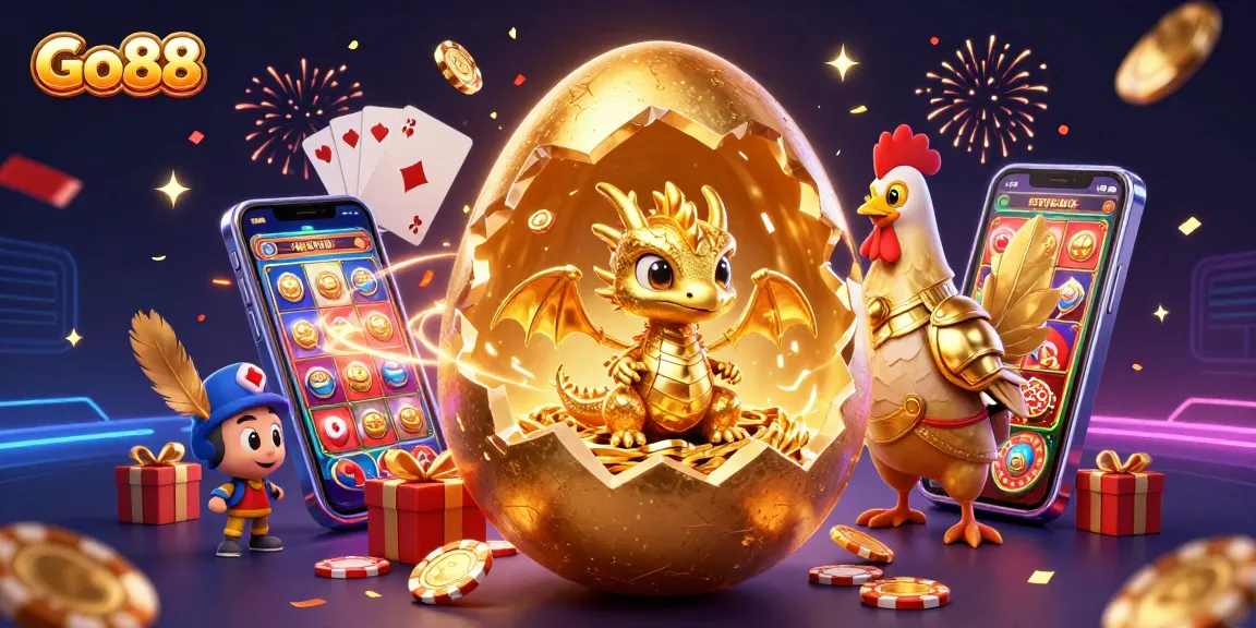 Go88 showcases a shimmering golden dragon amidst poker chips, embodying high-stakes gambling excitement.
