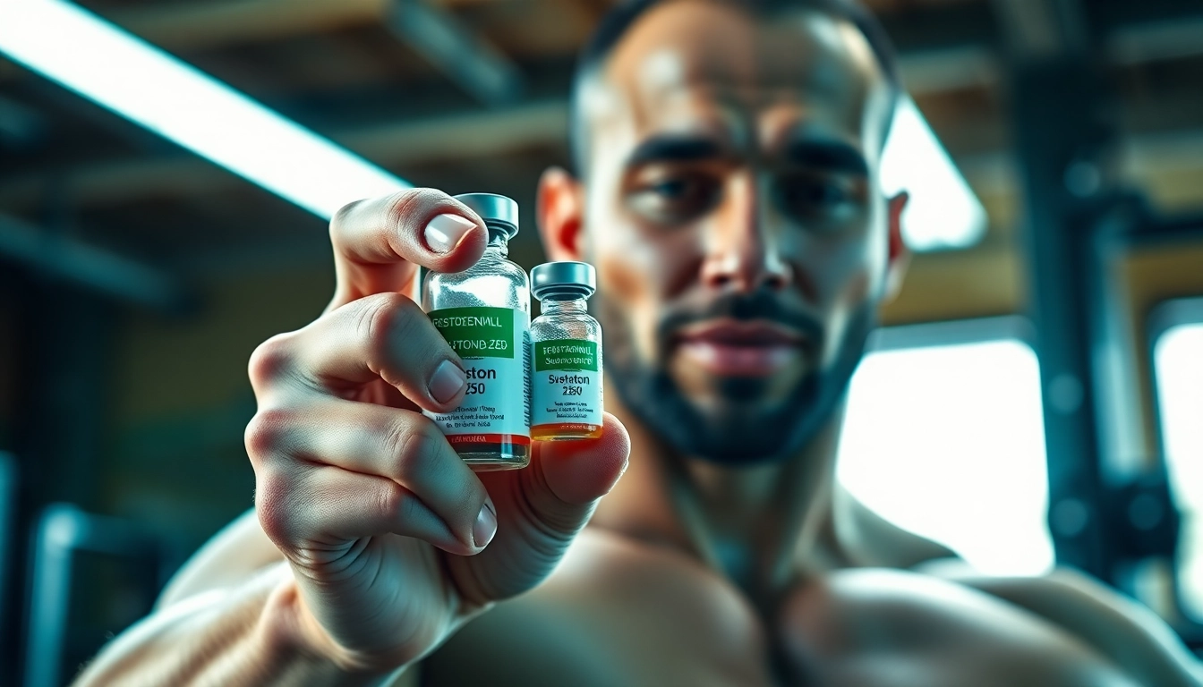 Sustanon 250 kaufen in der Hand eines selbstbewussten Sportlers im Fitnessstudio.