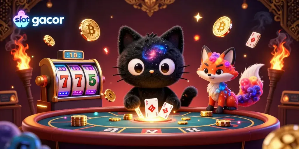 Experience the thrill of slot gacor with vibrant casino action featuring cosmic characters and glowing tokens.