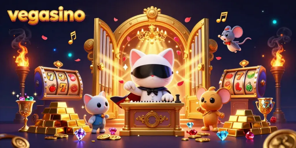 Experience thrilling gameplay at vegasino with lively casino characters and vibrant treasures in a festive atmosphere.