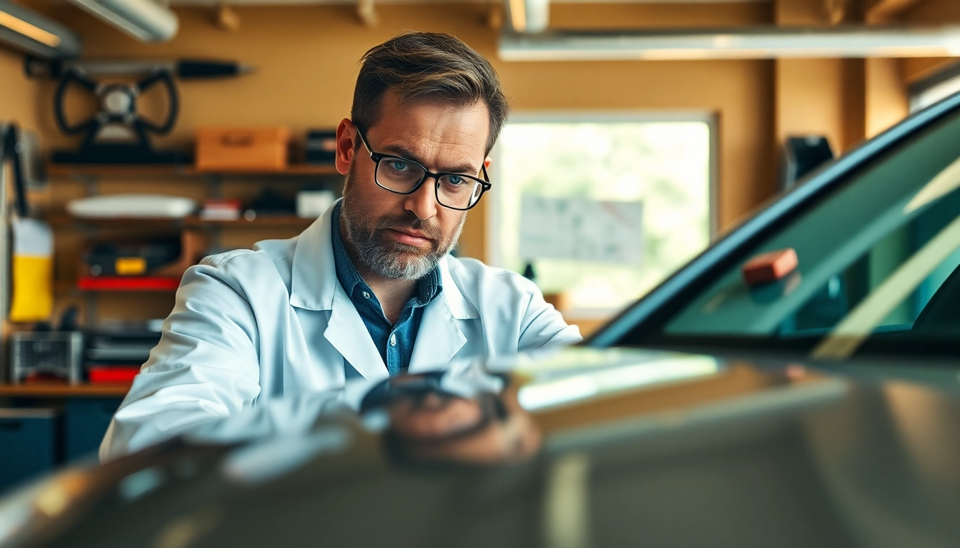 Kfz Sachverständiger Düsseldorf analysiert ein Fahrzeug in einem hellen Büro mit Werkzeugen im Hintergrund.